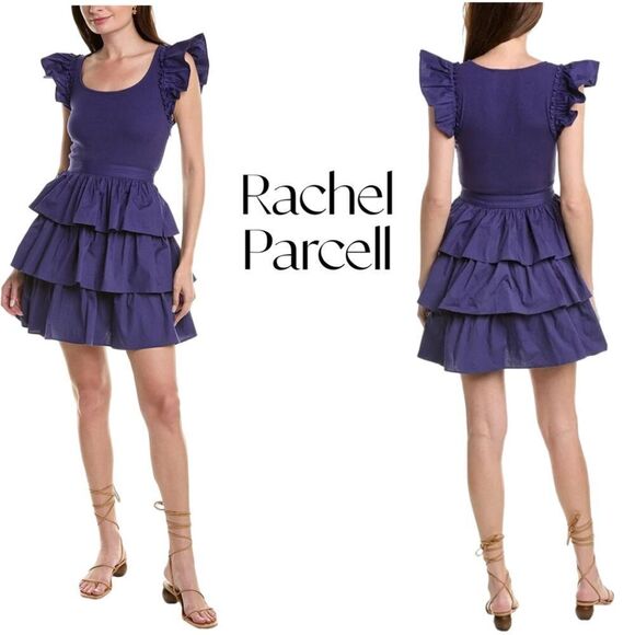 RACHEL PARCELL Ruffle Mini A Line Dress in Navy Blue Sz 4 NWT - Picture 1 of 11